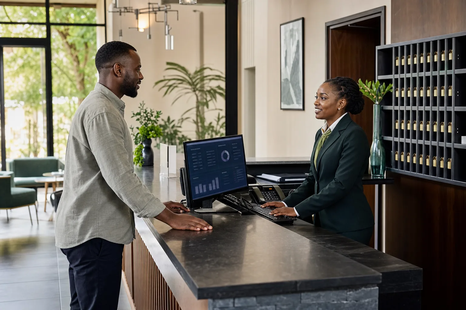 A hotel receptionist welcoming a guest while using a hotel operations system.